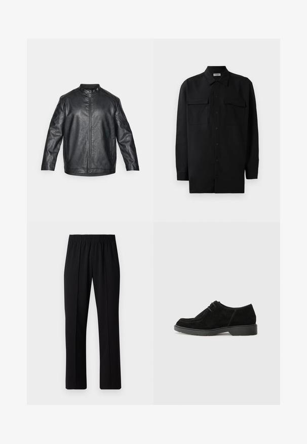 Fekete bőrdzseki mandarin gallérral, elülső cipzárral és látható varrási részletekkel; laza szabású, hosszú ujjú.; Fekete gombos ing, sima anyagból készült, klasszikus gallérral, két elülső zsebbel és hosszú ujjakkal, amelyek gombos mandzsettával záródnak.; Fekete, gumíros derekú nadrág egyenes szabással, sima felülettel, látható minták vagy fémrészek nélkül.; Fekete velúr öltönycipő lekerekített orral, kontrasztos varrással és gumitalppal. Minimalista fűzéssel és sima felső kialakítással rendelkezik.