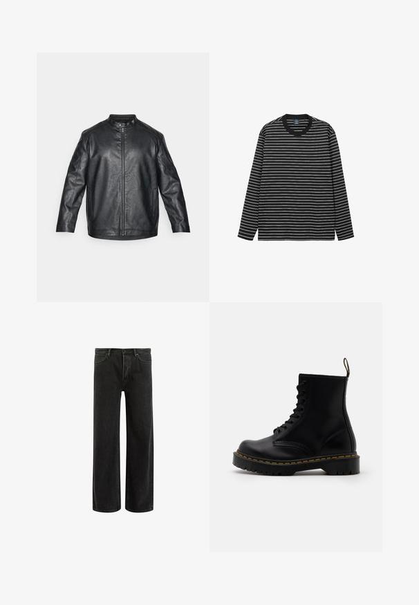 Črna usnjena bunda z mandarin ovratnikom, spredaj z zadrgo in vidnimi šivi; ima sproščen kroj in dolge rokave.; Majica z dolgimi rokavi v črno-beh črtastem vzorcu, izdelana iz mehkega bombaža. Ima krožni izrez in kontrastni črni rebrast ovratnik.; Črne široke kavbojke iz denima z visokim pasom, ki vključujejo klasičen pet-pocket dizajn in subtilno blodenje, kar daje teksturiran videz.; Črne usnjene gležnjarje z vezalkami spredaj, rumenim šivom, zaobljenim nosom in debelim, teksturiranim gumijastim podplatom.
