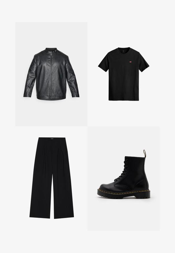 Zwarte leren jasje met een Chinees kraagje, ritssluiting aan de voorkant en zichtbare stikdetails; heeft een relaxte pasvorm en lange mouwen.; Zwarte katoenen t-shirt met een ronde hals, korte mouwen en een klein rood Levi's-logo op de linkerkant van de borst. Lichtgewicht en eenvoudig ontwerp.; YOURTURN UNISEX - Broek - black; Zwarte leren enkelboots met een vetersluiting aan de voorkant, gele stiksels, een ronde neus en een dikke, gestructureerde rubberen zool.