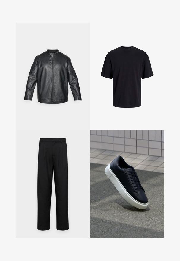 Svart skinnjacka med mandarincolor, dragkedja framtill och synliga sömnadsdetaljer; har en avslappnad passform och långa ärmar.; Svart bomullströja med rundad halsringning, korta ärmar och avslappnad passform. Slät textur utan synliga mönster eller detaljer.; Svarta byxor i slät väv, med rak ben-design, två framfickor och standardmidja med bälteshällor.; Svart lädersneaker med rundad tå och vit gummisula. Har platta snören och minimal sömnad på ovansidan. Texturerad sula för grepp.