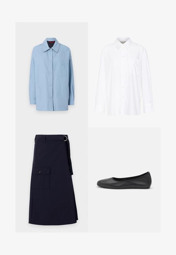 Giacca azzurro chiaro in cotone, con colletto a punta, botttoni frontali, tasca applicata e maniche lunghe. Design semplice con pochi accenti.; Camicia bianca a maniche lunghe con colletto in cotone. Caratterizzata da una chiusura con bottoni e una tasca sul petto singola. Tessuto liscio, vestibilità comoda.; Gonna blu navy con un design strutturato, caratterizzata da una tasca cargo laterale e un accentuato cinturino con D-ring in metallo. Realizzata in tessuto resistente.; Pantofole da balletto nere in pelle con punta arrotondata, texture liscia, dettagli di cucitura minimi e design con suola flessibile.