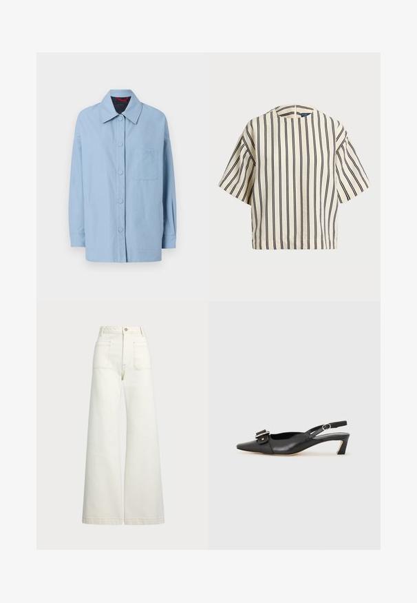 Svetlo modra jakna iz bombaža, z ostrim ovratnikom, sprednjimi gumbi, našitimi žepi in dolgimi rokavi. Preprost dizajn z minimalnimi poudarki.; Kratek rokav, prugast top v kremni in mornarsko modri barvi, z okroglim izrezom in kvadratnim dizajnom ter teksturirano tkanino.; Široke jeans hlače v off-white denim tkanini. Visok pas z gumbnim zapiranjem, dvema sprednjima žepoma in detajli kontrastnega šivanja.; Črne usnjene slingback čevlje z ostrim nosom, majhnim petam in dekorativno sponko na zgornjem delu. Gladka tekstura, minimalistična zasnova.