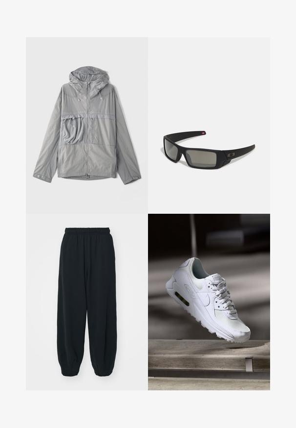 Gaišs pelēks jaciņš ar kapuci, ar rāvējslēdzēju priekšpusē, lielu krūšu kabatu, teksturētu audumu un elastīgām saiknēm kapuces un apakšmalas daļā.; Melnā džemperis no kokvilnas ar apaļu izgriezumu, gariem piedurknēm un mazu balto Nike logotipu augšējā kreisajā krūtī.; Melnas sporta bikses ar elastīgu jostasvietu, brīvu piegriezumu, aprocēm ap potītēm, gludu tekstūru, un bez redzamām rakstu vai aparatūras akcentiem.; Baltas Nike Air Max 90 sporta apavi ar sietu un ādas augšdaļu, caurspīdīgu pirksta daļu un redzamu gaisa vienību papēdī.; Melni saulesbrilles ar matētu apdari, taisnstūra lēcām, nedaudz izliektiem tempļiem, smalkiem logotipa elementiem un dūmu nokrāsas lēcām.