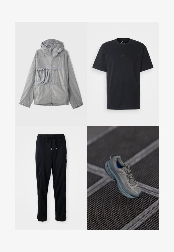 Gaišs pelēks jaciņš ar kapuci, ar rāvējslēdzēju priekšpusē, lielu krūšu kabatu, teksturētu audumu un elastīgām saiknēm kapuces un apakšmalas daļā.; Nike melns kokvilnas T-krekls ar klasisku piegriezumu, īsām piedurknēm un smalku, reljefu logotipu uz krūškurvja. Gluda tekstūra.; Melnas bikses ar aukliņu jostas vietā, ar sānu kabatām un taisnu kāju griezumu uz vienkrāsaina fona.; Bežīgas un pelēkas sporta kurpes ar teksturētu sieta augšdaļu, noapaļotu purngalu un gumijas zoli, satur šņores un mīkstinātu apkakli.