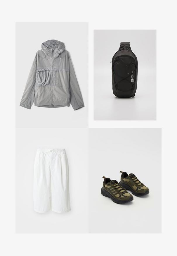 Giacca leggera grigia con cappuccio, chiusura con zip, grande tasca sul petto, tessuto strutturato e coulisse elastiche sul cappuccio e sull'orlo.; T-shirt bianco in cotone con maniche corte, scollatura tonda e linea dritta. Texture liscia senza motivi o dettagli visibili.; Pantaloni corti bianchi con vita elasticizzata e coulisse, presentati su uno sfondo chiaro e semplice. Adatti per un abbigliamento casual o per la stagione calda.; Scarpe sportive verdi e nere con una tomaia testurizzata, pannelli in rete, suola resistente e design con lacci che include punta e tallone rinforzati.; Zaino nero dal design sinuoso, realizzato in tessuto resistente. Presenta un compartimento con zip, dettagli con cordino elastico e logo.