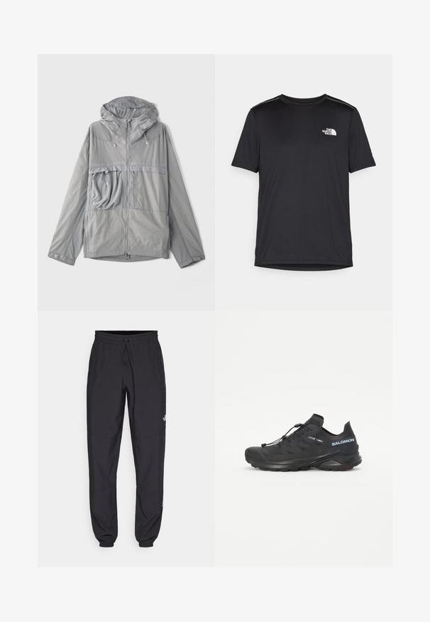 Gaišs pelēks jaciņš ar kapuci, ar rāvējslēdzēju priekšpusē, lielu krūšu kabatu, teksturētu audumu un elastīgām saiknēm kapuces un apakšmalas daļā.; Melnas īsām piedurknēm T-kreklas, izgatavots no viegla auduma. Uz kreisā krūtīm ir neliels balts logo un smalki plecu akcenti.; Melni sporta bikses, kas izgatavotas no viegla auduma, ar savelcamu jostu, sānu kabatām un sašaurinātiem apakšējiem galiem pie potītēm.; Melna taku skriešanas apava ar teksturētu augšdaļu, elastīgām auklām un Contagrip zoli. Iekļauj ciešu piegulšanu un aizsargājošu pirkstu daļu.