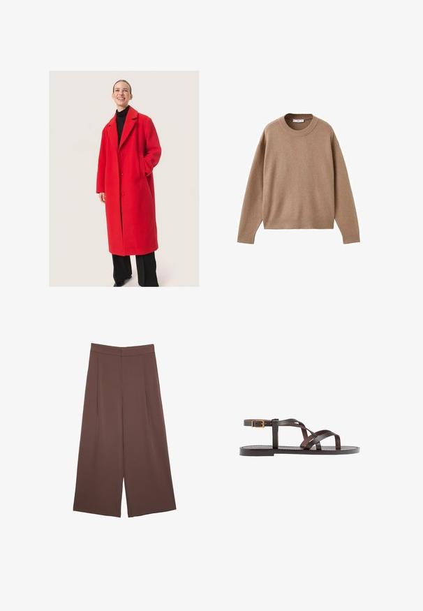 Crveni vuneni kaput s krojem po mjeri, s reverom u obliku slova b, dva gumba i bočnim džepovima. Nosite ga preko crnog rolka.; Nježni bež džemper dugih rukava s okruglim izrezom, s rebrastim manžetama, donjim rubom i izrezom, prikazan ravno na bijeloj pozadini.; Smeđe hlače širokog kroja s glatkom teksturom, koje imaju visok struk i nabore sprijeda. Tkanina je lagana i slobodno se kreće.; Smeđe kožne sandale s iskrižanim trakama, umetkom za zapešće s kopčanjem i ravnim potplatom s minimalnim detaljima šivanja.