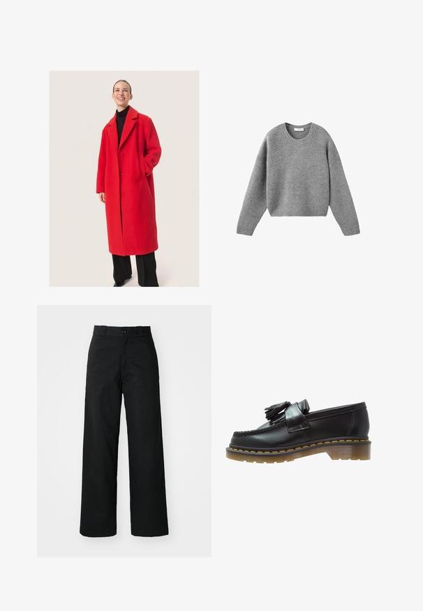 Red wool coat with a tailored design, featuring a notched collar, two buttons, and side pockets. Worn over a black turtleneck.; Grey knitted crewneck sweater with long sleeves and ribbed cuffs and hem, laid flat on a white background.; Black wide-leg pants with a flat front, button closure, and belt loops. Made from durable fabric with a smooth texture.; Black leather loafers with a textured finish, featuring a decorative tassel and contrasting yellow stitching, on a chunky, transparent sole.