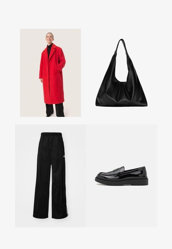 Palton roșu din lână cu un design croit, având un guler decupat, două nasturi și buzunare laterale. Purtați peste un pulover negru cu guler înalt.; Pulover gri cu guler înalt, realizat dintr-un tricot moale și texturat. Dispune de mâneci lungi și o formă relaxată, de tip boxy, cu tiv și manșete cu nervuri.; Pantaloni sport largi negri cu talie elastică, având dungi albe pe laturi și un logo mic pe șoldul stâng. Textură de țesătură netedă.; Loafers din piele patent neagră cu vârful rotunjit, o curea decorativă și o talpă groasă din cauciuc negru. Textură netedă și lucioasă, cu cusături minime.; Geantă hobo din piele neagră, cu o formă moale și curbată. Prezintă un mâner lat în partea de sus și pliuri la bază pentru o textură lejeră.