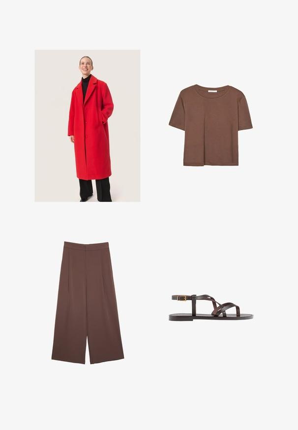 Červený vlnený kabát s prispôsobeným dizajnom, s vykrojeným golierom, dvoma gombíkmi a bočnými vreckami. Nosený na čiernom roláku.; Hnedé tričko s krátkym rukávom vyrobené z jemného materiálu, s okrúhlym výstrihom a voľným strihom. Žiadne viditeľné vzory ani akcenty.; Hnedé nohavice so širokými nohavicami a hladkou textúrou, s vysokým pásom a prednými skladmi. Tkanina je ľahká a voľne sa pohybuje.; Hnedé kožené sandály s krížovými popruhmi, uzatváraním na pracku okolo členku a plochou podrážkou s minimálnymi ševmi.