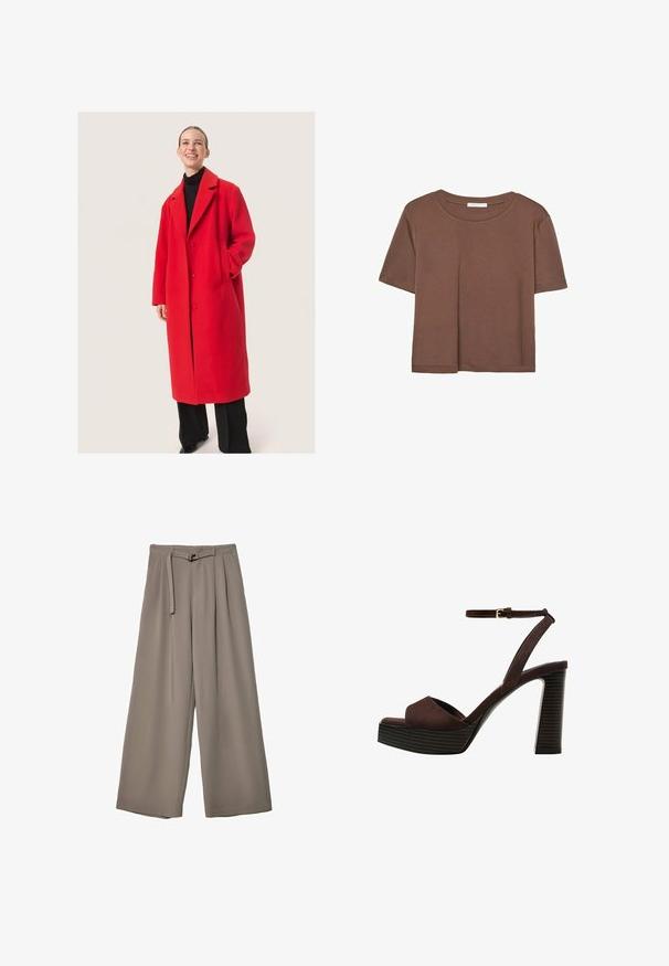 Rød uldfrakke med skræddersyet design, der har en spidse krave, to knapper og sidelommer. Båret over en sort turtleneck.; Brun kortærmet t-shirt lavet af blødt stof, med rund halsudskæring og afslappet pasform. Ingen synlige mønstre eller detaljer.; Vide ben bukser i et blødt, afdæmpet grå stof, med en bælte i taljen og plisseringer for ekstra designdetalje. Glat tekstur, ingen mønstre.; Brune ruskinds højhælede sandal med åben tå, justerbar ankelrem og en stribet plade sål.