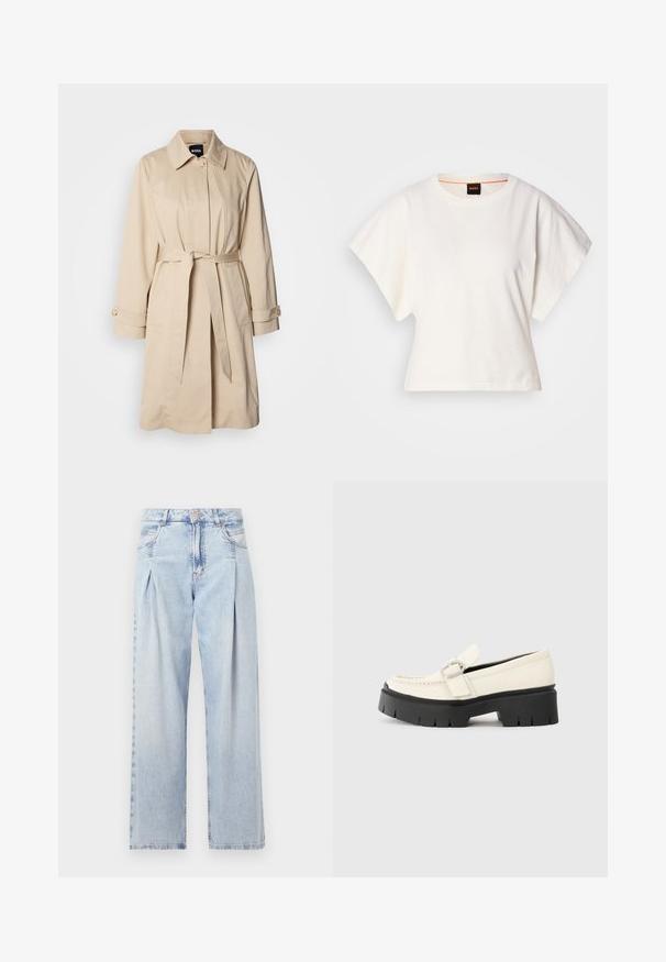Cappotto trench beige con vita cintrata, polsini abbottonati e colletto. Realizzato in tessuto morbido e leggero.; T-shirt bianca cropped, maniche corte e larghe, tessuto di cotone morbido, scollatura rotonda con bordino arancione sottile, design minimale, senza motivi o grafiche.; Jeans in denim azzurro chiaro con vita alta, taglio a gamba larga, due tasche laterali e design plissettato. Texture morbida con una finitura sbiadita.; Mocassino in pelle bianca con suola platform nera chunky, caratterizzato da una fibbia rettangolare argentata e dettagli di cucitura visibili sulla parte superiore.