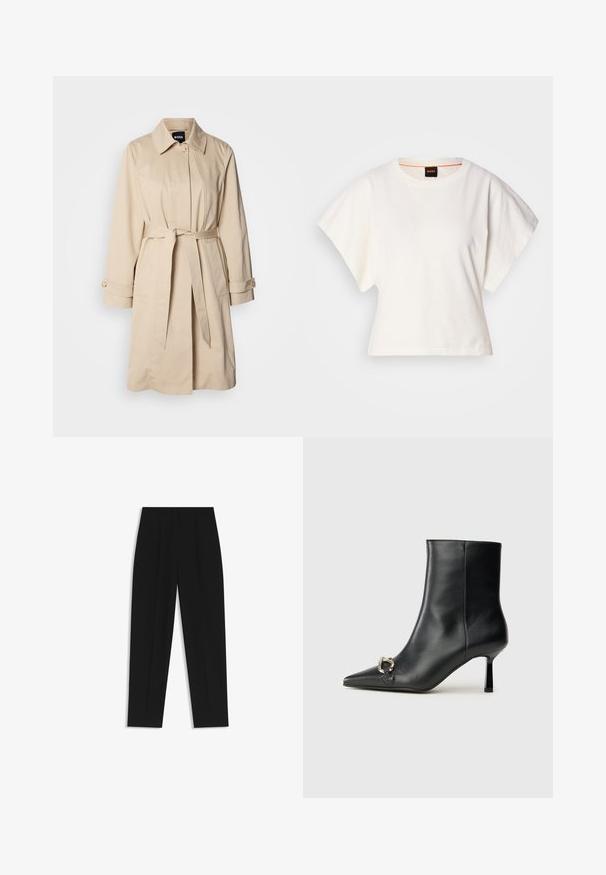 Beige trenchcoat med midjebälte, knappade ärmslut och krage. Tillverkad av glatt, lätt tyg.; Vit kortärmad T-shirt, korta vida ärmar, mjukt bomullsmaterial, rund halsringning med subtila orange detaljer, minimal design, inga mönster eller grafik.; Svarta byxor med rak passform, med dubbla fickor, en slät yta och en klassisk midje-design. Ingen synlig hårdvara eller detaljer.; Svart läderankelboot med spetsig tå, smal medelhög klack och silverfärgad spänndetalj på sidan mot en enfärgad bakgrund.