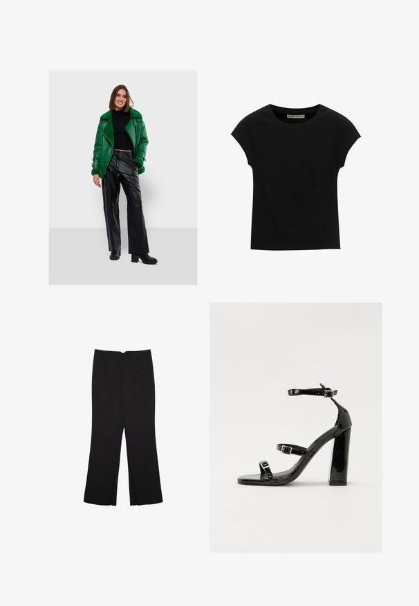 Zelená kožená bunda s chlpatým golierom, skombinovaná s čiernymi koženými nohavicami s širokými nohavicami a robustnými čiernymi podpätkami. Modelka stojí vzpriamene.; Čierne tričko s krátkym rukávom a okrúhlym výstrihom. Vyrobené z hladkej, elastickej bavlnenej tkaniny. Jednoduchý dizajn bez vzorov alebo grafiky.; Čierne nohavice so strihom rovného strihu, s prednými vreckami a bočnými rozparkami na leme. Vyrobené z mäkkej, hladkej tkaniny. Vhodné na rôzne príležitosti.; Čierne lakované sandále na podpätku so štvorcovou špičkou, navlečenými remienkami okolo členku a striebornými prackami. Disponujú masívnym blokovým podpätkom pre stabilitu.