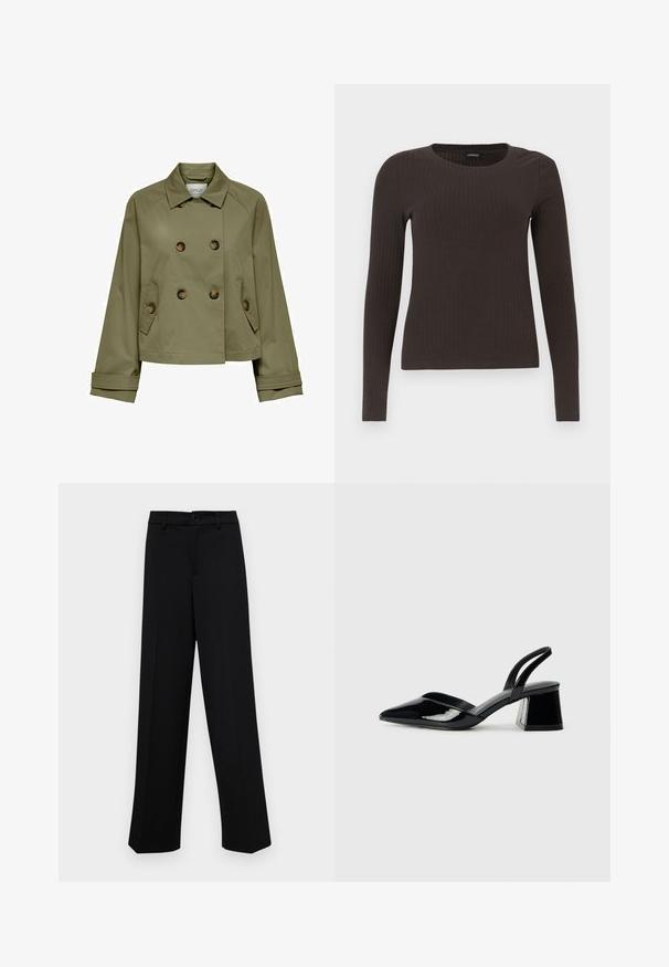 Oliivroheline lühike jakk kahekordse esitusega, suurte nuppudega ja kahe küljetaskuga. Omab klassikalist kraed ja laia mansetti.; Pruun, pikkade varrukatega ribaga särk, millel on ümar kaelus. Valmistatud siledast, venivast materjalist, omades formatiivset siluetti ja minimaalset dekoratiivsust.; Musta laiad püksid siledast kangast, millel on klassikaline vöökoht, nööbiga sulgemine ja ees voldid.; Mustad musta lakknahk kingad, millel on terav varvas ja geomeetriline plokkkonts. Omab elegantselt minimalistlikku disaini ja sujuvat tekstuuri.