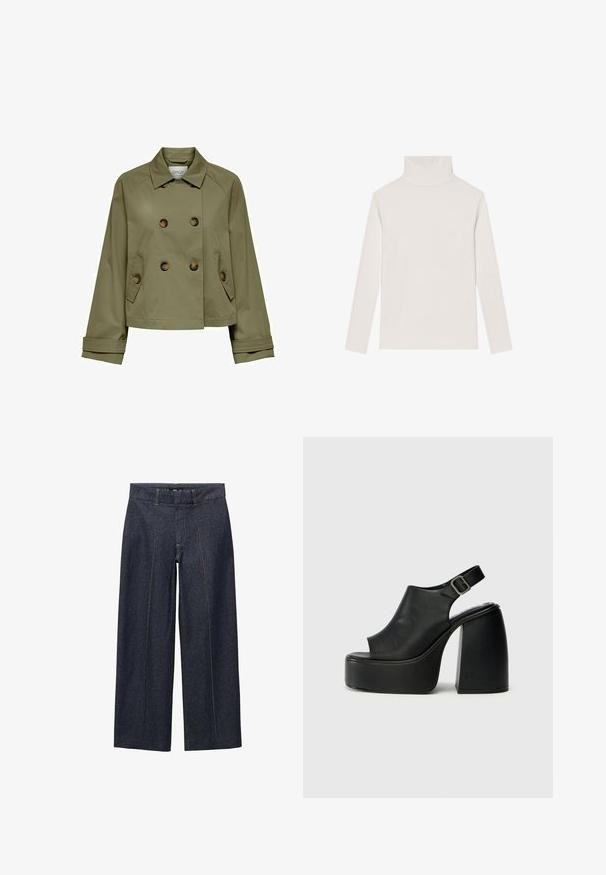Olijfgroene korte jas met dubbelzijdig knopen, grote knopen en twee zijzakken. Heeft een klassieke kraag en brede manchetten.; Lichtbeige turtleneck truien gemaakt van zachte stof, met lange mouwen en een getailleerd ontwerp met een gladde textuur en zonder zichtbare patronen.; Witte button-up shirt van katoen met een klassieke kraag, lange mouwen en een klein geborduurd logo op de borst. Gestructureerde stof.; Donkerblauwe denim wijde broek met voornaad en een standaard tailleband. Voorzien van oranje stiksel en een cropped lengte.; Zwarte open teen platform sandalen met een gebogen ontwerp, slingback bandje en een chunky blokhak. Glad leersoep, minimalistische stijl.