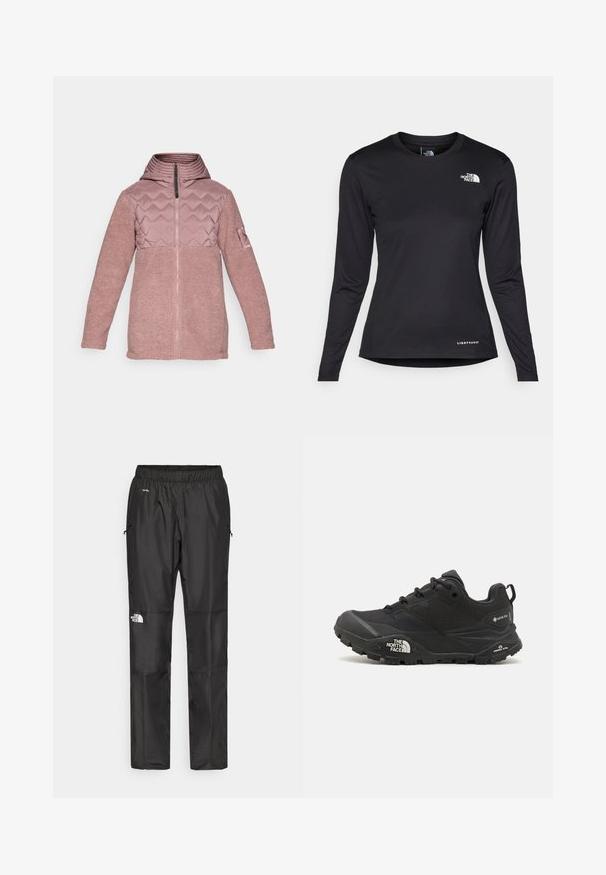 Giacca con cappuccio rosa con parte superiore trapuntata e texture in pile morbido. Presenta una zip frontale e maniche più lunghe con un'accenno di toppa su un braccio.; The North Face SHADOW LONG SLEEVE - Maglietta a manica lunga - black; Pantaloni impermeabili neri realizzati in tessuto leggero, dotati di cintura elastica, tasche laterali e un logo sulla gamba sinistra.; Scarpa da trekking nera con una tomaia texturizzata, chiusura con lacci e una suola di gomma spessa che presenta un logo prominente sul lato e disegni del battistrada.