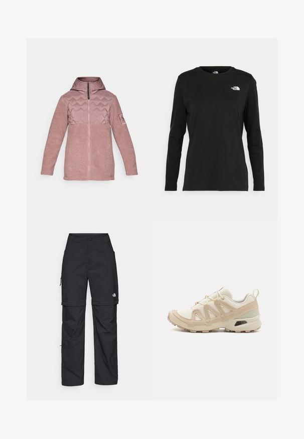Veste à capuche rose avec un haut matelassé et une texture en polaire douce. Elle présente une fermeture éclair à l'avant et des manches plus longues avec un accent de patch sur un bras.; T-shirt noir à manches longues en coton avec un col rond. Présente un petit logo blanc sur la partie gauche de la poitrine. Design et coupe simples.; Pantalons cargo en nylon noir, à zip amovible, avec chevilles ajustables, plusieurs poches et un logo sur la jambe droite. Texture lisse et légère.; Baskets de sport beiges et crème avec une tige en mesh texturé, des superpositions de soutien et une semelle en caoutchouc dotée d'un motif de crampons pour une traction.