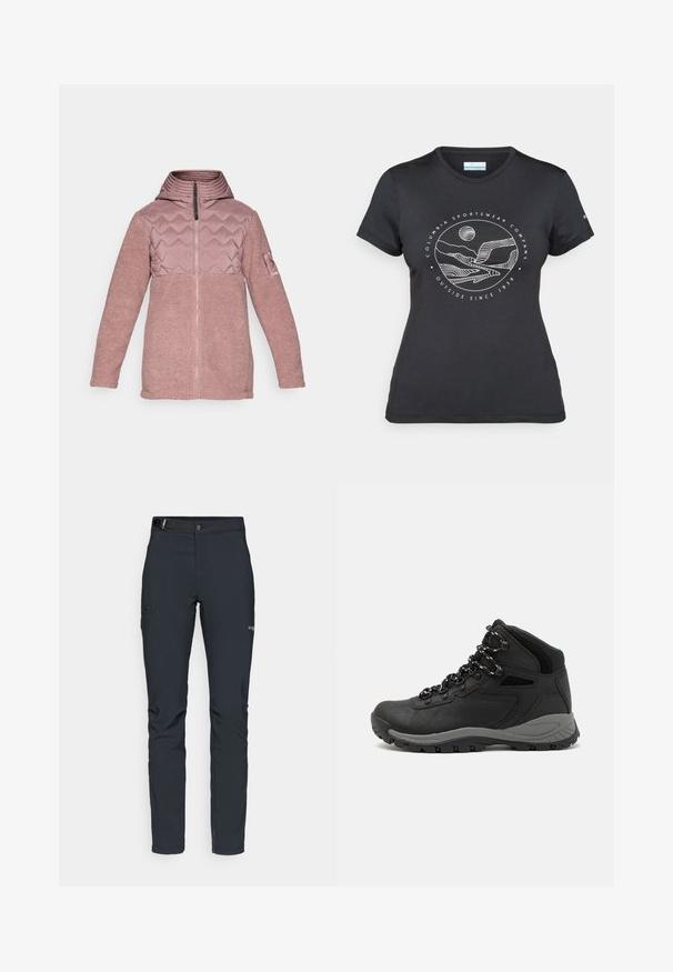 Roze capuchonjack met een doorgestikt bovenstuk en een zachte fleece textuur. Beschikt over een voorrits en langere mouwen met een patchaccent op één arm.; Zwarte Columbia t-shirt met witte cirkelvormige lijntekening van bergen en een rivier en de tekst "Columbia Sportswear Company Outside Since 1938."; Heren buitenbroeken, donkergrijs, gemaakt van flexibel materiaal, met een riem, ritszakken en verstevigde stiksels.; Zwarte wandelschoen met een mid-top ontwerp, voorzien van een gestructureerde bovenkant, grijze accenten en een duurzame rubberen zool met gripnoppen.