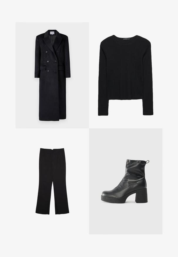 Dvojnastavni črn volnen plašč z klasičnim ovratnikom, dolgimi rokavi in ravno silhueto. Ima dva sprednja žepa in gumbe kot okras.; Črna dolga majica z dolgimi rokavi iz teksturirane tkanine. Ima okroglo izrez in kratek kroj z oprijetimi rokavi. Brez vidnih vzorcev.; Črne hlače ravnega kroja z naglavnimi žepi in stranskimi razporki na robu. Narejene iz mehke, gladke tkanine. Primerne za različne priložnosti.; Črne gležnjarje iz gladke kože z božnim zadrgo, masivnim teksturiranim peto in zaobljeno obliko prstov.