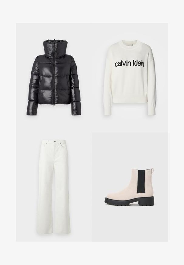Črna puhovka z sijočo površino, visokim ovratnikom in zadrgo. Ima velike kviltane dele in stranske žepe.; Bela pletena pulover s okroglim izrezom in dolgimi rokavi, ki ima črni logotip "calvin klein" čez prsni del. Mehka tekstura, skrajšan kroj.; Samsøe Samsøe SHELLY - Široke kavbojke - clear cream; Bež usnjeni Chelsea škorenj s črnim elastičnim stranskim panelom, masivnim črnim podplatom in zanka na gležnju.