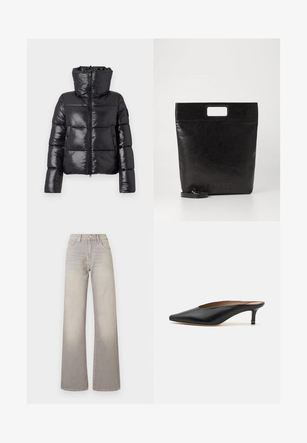Black puffer jacket with a glossy finish, high collar, and zip closure. Features large quilted sections and side pockets.; White long-sleeve button-up shirt in a smooth cotton blend. Features a classic collar, front button closure, and rounded cuffs.; Gray wide-leg jeans with a faded finish, button closure, five-pocket design, and stitched detailing along the seams.; Black leather mules with a pointed toe and low, block heel. Smooth texture with a sleek design. Open back with minimal detailing.; Black leather tote bag with a square handle, featuring a textured finish and embossed logo. Includes a detachable strap.