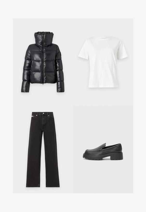 Giubbotto imbottito nero con finitura lucida, colletto alto e chiusura con zip. Presenta ampie sezioni trapuntate e tasche laterali.; T-shirt bianca in cotone con maniche corte, scollatura rotonda e vestibilità rilassata. Struttura liscia, senza motivi né accenti, design minimalista.; Jeans neri a gamba larga in denim, con vita alta, styling a cinque tasche e chiusura con bottone metallico e cuciture a contrasto.; Mocassini in pelle nera con punta arrotondata, suola spessa e testurizzata, e minime cuciture. Design elegante senza lacci o parti metalliche visibili.