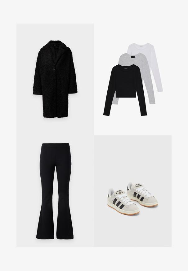 ONLY ONLCATALINA SHAGGY COAT - Vinterfrakke - black; Tre langærmede toppe stablet: sort, grå og hvid. Hver har en rund halsudskæring og et cropped design med glat, let stof.; Sorte flared bukser lavet af strækbart stof, med en høj talje og flared manchetter med sideskår for ekstra bevægelse.; Grå ruskinds sneakers med hvide snørebånd, sorte striber og en hvid gummisål. Har et rundt logo på tungen og en gummisål.