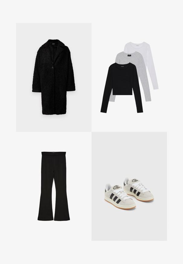 ONLY ONLCATALINA SHAGGY COAT - Zimní kabát - black; Tři trička s dlouhým rukávem naskládaná na sobě: černé, šedé a bílé. Každé má kulatý výstřih a kratší střih z hladkého, lehkého materiálu.; Černé legíny s rozšířením vyrobené z elastického materiálu. Mají široký pás a hladkou strukturu, s přiléhavým střihem, který se na lemu rozšiřuje.; Šedé semišové tenisky s bílými tkaničkami, černými pruhy a bílou gumovou podrážkou. Mají kulaté logo na jazyku a gumovou podrážku.