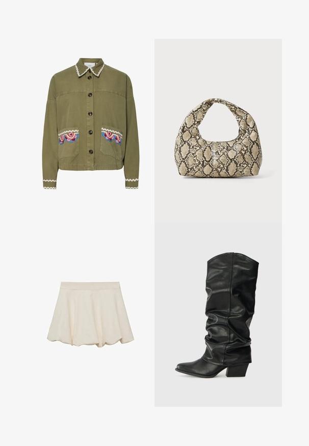 Vihreä oliivinvärinen takki, jossa on terävä kaulus, suuret etutaskut, joissa on värikkäitä brodeerattuja kuvioita, sekä koristeellinen valkoinen aaltoileva reunus.; Virkattu toppi vaaleanbeigessä värissä, jossa on avoin kudontamalli. Ominaisuuksiin kuuluvat aaltoilevat reunat, kankaaseen neulottu kukkakehys ja olkaimeton leikattu muoto.; Hame vaale beige-värinen, pehmeä ja sileä tekstuuri, levenevä muotoilu ja aaltomaisesti leikattu helma. Varustettu leveällä elastisella vyötärönauhoilla mukavuutta varten.; Mustat nahkaiset polvipituiset saappaat, joissa on renksumainen muotoilu, terävä kärki ja paksu korko, jotka omaavat sileän pinnan ja minimaalisen ompeleen.; Käärmeennahkakuosiset käsilaukku, jossa on kaareva kahva. Tehty teksturoiduista beigeistä ja ruskeista materiaaleista, joissa on erottuva timanttikuvio.
