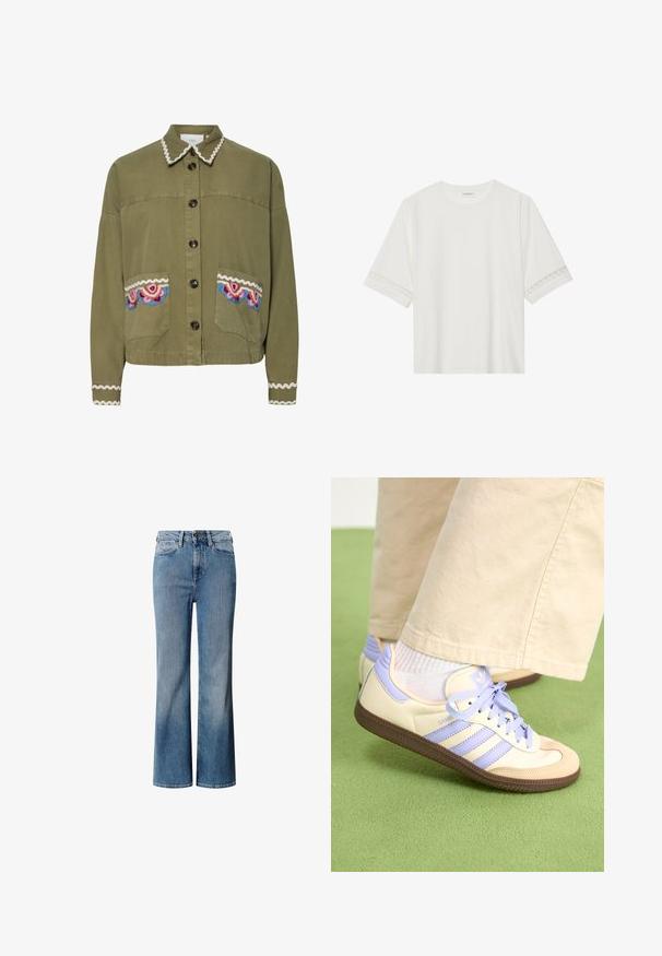 Olive green jacket featuring a pointed collar, large front pockets with colorful embroidered designs, and decorative white scalloped trim.; White short-sleeve t-shirt made from cotton, featuring decorative lace trim along the sleeves and a round neckline.; Blue denim jeans with a high waist, wide-leg design, and a faded wash. Features classic five-pocket styling and a front button closure.; Cream and lavender sneakers with three stripes and a textured brown sole, featuring laces and a padded heel. Soft fabric upper.