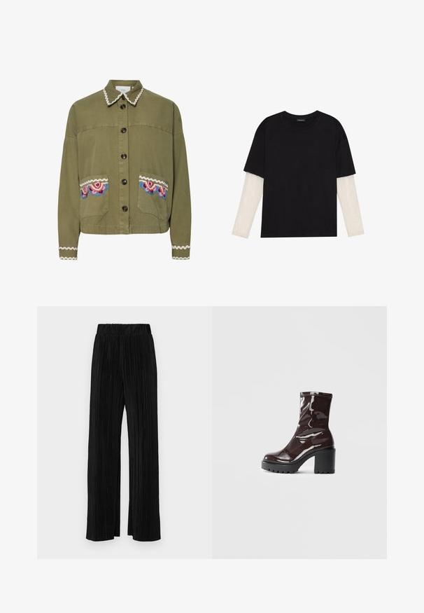 Olívazöld dzseki, hegyes gallérral, nagy elülső zsebekkel, színes hímzett mintákkal, és díszes fehér hullámos díszítéssel.; Fekete pamut póló, rövid ujjal, fehér hosszú ujjú réteg fölött, finom textúrával. Kerek nyakkivágású dizájn.; Fekete pliszírozott nadrág gumis derekkal. Széles lábakkal rendelkezik, sima, texturált anyagból készült, függőleges csíkokkal.; Fényes bordó bokacsizma vastag fekete sarokkal, sima felülettel és egyszerű dizájnnal. Nincsenek látható zárak vagy minták.