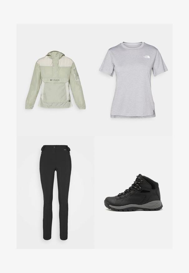 Lys grøn jakke med en cremefarvet panel, halv-zip front, hætte og mesh-lomme. Har Columbia-logo og elastiske manchetter for et tætsiddende look.; Grå kortærmet T-shirt lavet af blødt, fugttransporterende materiale. Har en rund hals og et lille hvidt logo øverst til venstre.; Sorte, tætsiddende bukser lavet af et fleksibelt materiale. Funktioner inkluderer en lynlåslomme i siden, artikulerede knæ og en glat tekstur.; Sort vandrestøvle med en mellem-højde design, der har en tekstureret overdel, grå detaljer og en holdbar gummisål med skridsikre klodser.