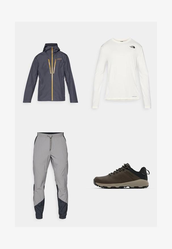 Muška vodootporna jakna u tamnosivoj boji s kapuljačom, koja ima žute patentne zatvarače i izvezeni logotip. Glatka tekstura i aerodinamičan dizajn.; Bijela majica dugih rukava s okruglim izrezom, teksturirana tkanina, crni logo na lijevom ramenu i suptilno brendiranje pri dnu.; Lagane, sive atletske hlače s crnim akcentima. Elastični pojas, zatvaranje na vezicu, dizajn suženih nogavica i bočne džepove.; Smeđe vodootporne tenisice s teksturiranom gornjom i perforiranim detaljima, crnom potporom za petu i sivim gumiranim potplatom. Čipke su stilizirane s metalnim krajevima.