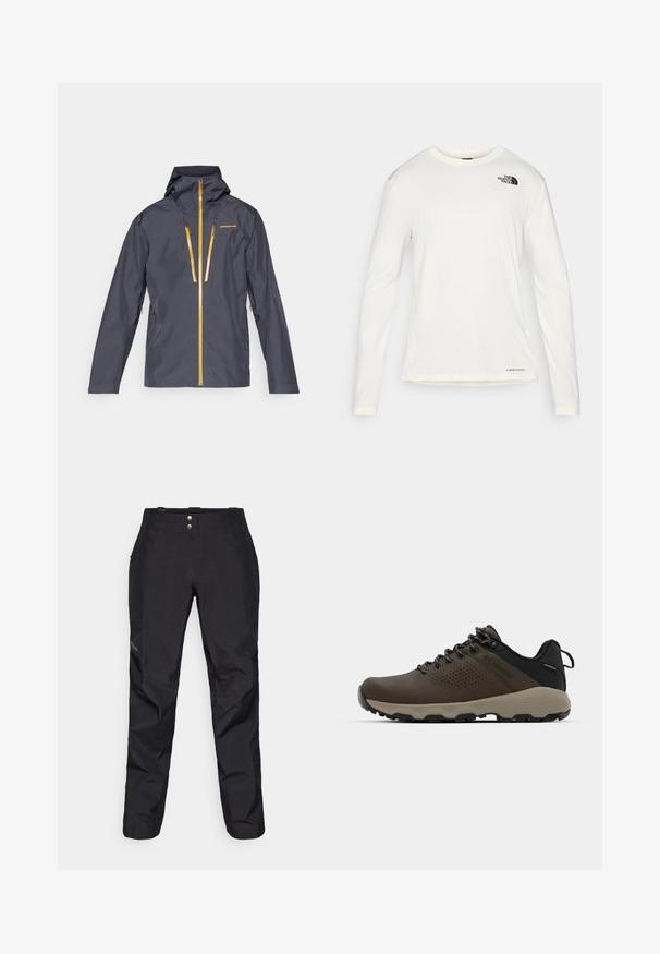 Vyrų vandeniui atsparus džemperis tamsiai pilkos spalvos su gobtuvu, turintis geltonus užtrauktukus ir siuvinėtą logotipą. Sklandus paviršius ir sraigtinė forma.; Balta ilga rankove marškiniai su apvalia iškirpte, tekstūruota medžiaga, juodas logotipas kairėje petyje ir subtilus prekės ženklas apačioje.; Juodos vandeniui atsparios kelnės su lygia tekstūra, turinčios du priekiniai mygtukai ir siaurėjančio kirpimo dizainas. Akcentuota logotipu šone.; Rudi nepralaidūs sportbačiai su tekstūruota viršutine dalimi, perforuotomis detalėmis, juodu kulno palaikymu ir pilku guminio padu. Šniūreliai yra dekoruoti metaliniais galais.