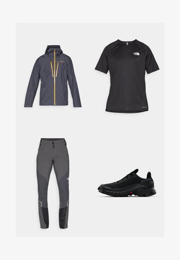 Ανδρικό αδιάβροχο μπουφάν σε σκούρο γκρι χρώμα με κουκούλα, με κίτρινες φερμουάρ και κεντημένο λογότυπο. Λείο ύφασμα και αεροδυναμικός σχεδιασμός.; Μαύρο αθλητικό μπλουζάκι με κοντά μανίκια και υφή, με λευκή λογότυπο στο αριστερό στήθος και ίσια ραφή.; Γκρι παντελόνι πεζοπορίας με στενό σχεδιασμό, πολλές τσέπες και αντίθετους σκούρους γκρι και μαύρους τόνους. Κατασκευασμένο από ευέλικτο και ανθεκτικό υλικό.; Μαύρα αθλητικά παπούτσια με υφή στο πάνω μέρος, στρογγυλή μύτη και έντονη καουτσούκ σόλα. Διαθέτουν λογότυπο στο πλάι και κόκκινες λεπτομέρειες στη σόλα.
