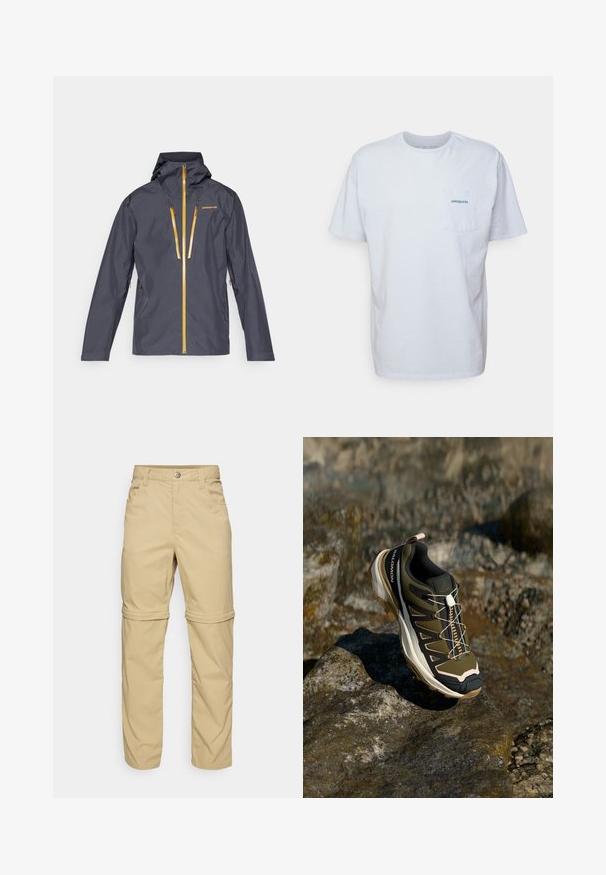 Vyrų vandeniui atsparus džemperis tamsiai pilkos spalvos su gobtuvu, turintis geltonus užtrauktukus ir siuvinėtą logotipą. Sklandus paviršius ir sraigtinė forma.; Balta medvilninė marškinėliai su trumpomis rankovėmis, apvaliu kaklu ir kairėje krūtinės pusėje esančia kišenėle, turinčia mėlyną "Patagonia" logotipą. Klasikinis siluetas su lygiu paviršiumi.; Šviesiai rudos kelnių su užtrauktuku, turinčių lygų paviršių, su dviem šoninėmis kišenėmis, mygtuko uždarymu ir sukabinamais kelnių galais, kad būtų galima naudoti įvairiai.; Žygio batai olivų žalios ir juodos spalvos su rožiniais akcentais. Turi tekstūruotą viršutinę dalį, lankstų pado tipą, sustiprintą pirštų dalį ir spalvingą raištelių sistemą.