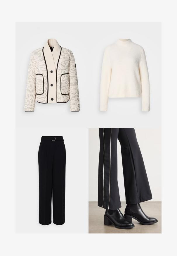 Chaqueta acolchada color crema con costuras abstractas negras, botones negros, gran cuello chal, dos bolsillos frontales y ribete negro en bordes y puños.; Suéter color crema con cuello alto, mangas largas y un acabado suave y texturizado. Presenta un dobladillo ligeramente recortado.; Pantalones negros ajustados con una silueta de pierna ancha, que incluyen un cinturón con hebilla de plata, pliegues y una textura de tela suave.; Botines de cuero negro con tacón cuadrado, con paneles laterales elásticos. Combinados con pantalones negros que tienen una franja blanca lateral.