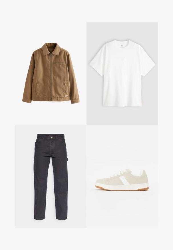 Giacca marrone con zip realizzata in tessuto misto cotone. Presenta un colletto, due tasche laterali e una tasca sul petto.; T-shirt bianco a maniche corte in cotone con collo rotondo. Presenta un discreto dettaglio logo in rilievo sulla parte frontale e un'etichetta rossa sull'orlo.; Pantaloni cargo grigio scuro realizzati in tessuto resistente, con un taglio dritto, cinque tasche e chiusura a bottoni in vita.; Sneaker beige con accenti bianchi, texture in suede, forma tondeggiante, design con lacci e suola in gomma naturale a contrasto.