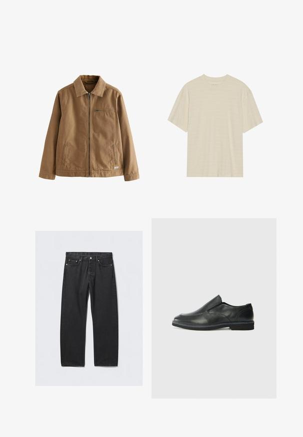 Barna cipzáras dzseki, pamut keverék anyagból készült. Kerek nyakkivágással, két oldalsó zsebbel és egy mellzsebbel rendelkezik.; Krém színű, rövid ujjú póló, finom csíkozott textúrával és kerek nyakkivágással, könnyű anyagból készült.; Fekete farmernadrág egy egyenes szabással, gombos záródással, öt zsebből és rézszínű fém kiegészítőkből áll. Sima tapintású.; Fekete bőr, slip-on cipő sima felsőrésszel, varrott díszítéssel, lekerekített orral és alacsony gumitalppal. A talpa minimális bordázattal rendelkezik.