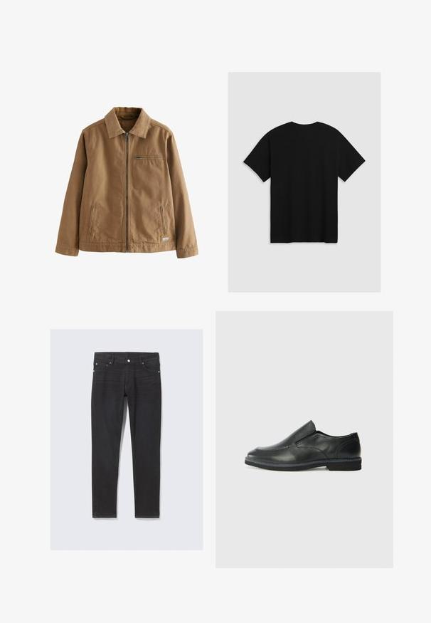 Chaqueta marrón con cremallera hecha de una mezcla de algodón. Presenta un cuello con solapa, dos bolsillos laterales y un bolsillo en el pecho.; Levi's® BOXTAB - Camiseta estampada - boxtab in black bas; Vaqueros de mezclilla negra de corte ajustado, con bolsillos frontales, cierre de botón y detalles de costura sutiles a lo largo de las costuras laterales.; Zapato negro de cuero sin cordones con un upper suave, detalles de costura, punta redonda y un bajo tacón de goma. La suela presenta una tracción mínima.