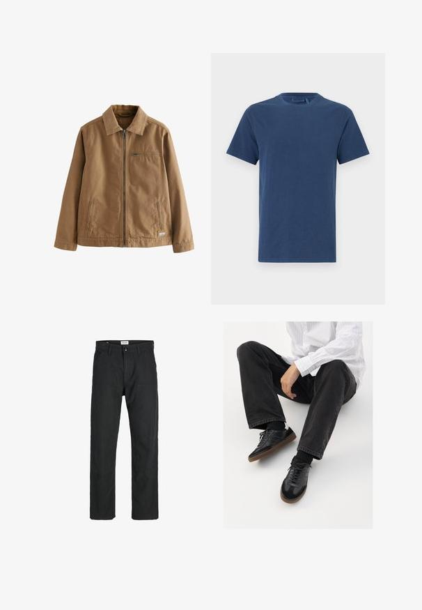 Pruun tõmblukuga jakk, mis on valmistatud puuvillasegistuse kangast. Omab kraega kaelust, kahte küljetaskut ja ühte rinnataskut.; Tumesinine puuvillane t-särk ümmarguse kaelusega, lühikeste varrukatega ja sirge lõikega. Sile tekstuur, ilma nähtavate mustrite või kaunistusteta.; Mustad mustad, mis on valmistatud vastupidavast kangast, sirge jala disainiga, õmmeldud detailidega ja kahe eesmise taskuga funktsionaalsuse jaoks.; Mustad spordijalatsid siledast ja tekstuurilisest ülemisest osast, millel on kummist tald ja tumedad nöörid. Kombineeritud mustade teksade ja valge triibulise särgiga.