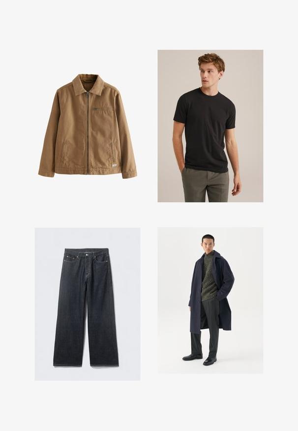 Brun zip-up jakke lavet af blandingsstof af bomuld. Har en kravehals, to sidelommer og en enkelt brystlomme.; Ung mand med krøllet lysebrunt hår iført sort kortærmet t-shirt og grå bukser, ser mod venstre med hænderne i lommerne.; Mørke denim brede bukser med høj talje, med kobberfarvede nitter og kontrastsyning, glat tekstur og uden synlige mønstre.; Marinefrakke med knaplukning, grøn tekstureret sweater, sorte bukser og sorte læderstøvler. Glat stof med struktureret silhuet.
