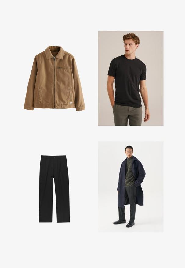 Giacca marrone con zip realizzata in tessuto misto cotone. Presenta un colletto, due tasche laterali e una tasca sul petto.; Giovane uomo con capelli ricci di castano chiaro che indossa una t-shirt nera a maniche corte e pantaloni grigi, che guarda verso sinistra con le mani nelle tasche.; Pantaloni neri con un design a gamba dritta, realizzati in un tessuto liscio. Presentano pieghe frontali e una chiusura a un bottone in vita.; Cappotto navy con chiusura a bottoni, maglione verde testurizzato, pantaloni neri e stivali in pelle nera. Tessuto liscio con silhouette strutturata.