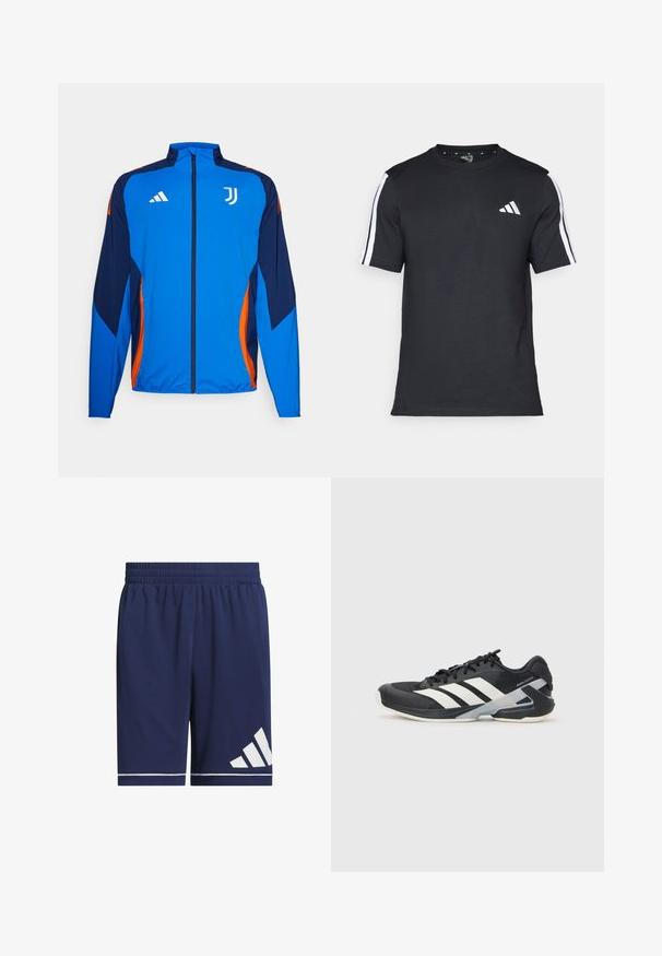 Chaqueta de chándal azul y navy con un acento naranja. Presenta un alto cuello, cremallera frontal y logotipos bordados en el pecho.; Camiseta negra de algodón de mangas cortas, con rayas blancas en los hombros y un logo blanco en el lado izquierdo del pecho.; Pantalones cortos atléticos azul marino hechos de tela ligera, con una cintura elástica, franjas de acento blancas y un logotipo blanco en contraste en el lado izquierdo.; Zapatilla deportiva negra con franjas blancas, parte superior de malla, punta redondeada y suela acolchada. Presenta un talón texturizado y un sistema de cordones seguro.