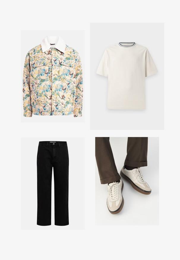 Blazer mit Blumenmuster aus strukturiertem Stoff, in Blau-, Gelb- und Brauntönen, mit einem weißen Fleecepulloverkragen und zwei vorderen Taschen.; Cremefarbendes Baumwoll-T-Shirt mit kurzen Ärmeln, das über einen runden Halsauschnitt mit navy- und weißen Streifen verfügt. Glatte Textur, lässige Passform.; Schwarze Jeanshose mit geradem Schnitt, klassischem Fünf-Taschen-Design und einem Knopfverschluss an der Taille. Glatte Textur und strapazierfähiger Stoff.; Beige Sneakers mit einer strukturierten Wildlederfront, glatten Lederseiten und einer braunen Gummisohle. Bändel und helle Nähdetails sind enthalten.