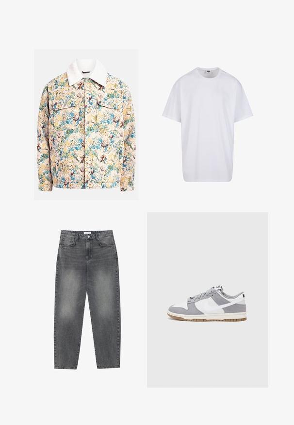 Chaqueta con estampado floral hecha de tejido texturizado, con tonos azules, amarillos y marrones, con un cuello de forro polar blanco y dos bolsillos frontales.; Camiseta blanca de algodón con mangas cortas, cuello redondo, corte relajado y sin logotipos ni patrones visibles. Textura suave y diseño minimalista.; Jeans de cintura alta y corte holgado en denim negro desgastado. Con cinco bolsillos, pasadores para el cinturón y un diseño de pierna recta y limpia.; Zapatilla gris y blanca con parte superior de ante y cuero, puntera redondeada, cordones planos y suela de goma con un acento de goma.