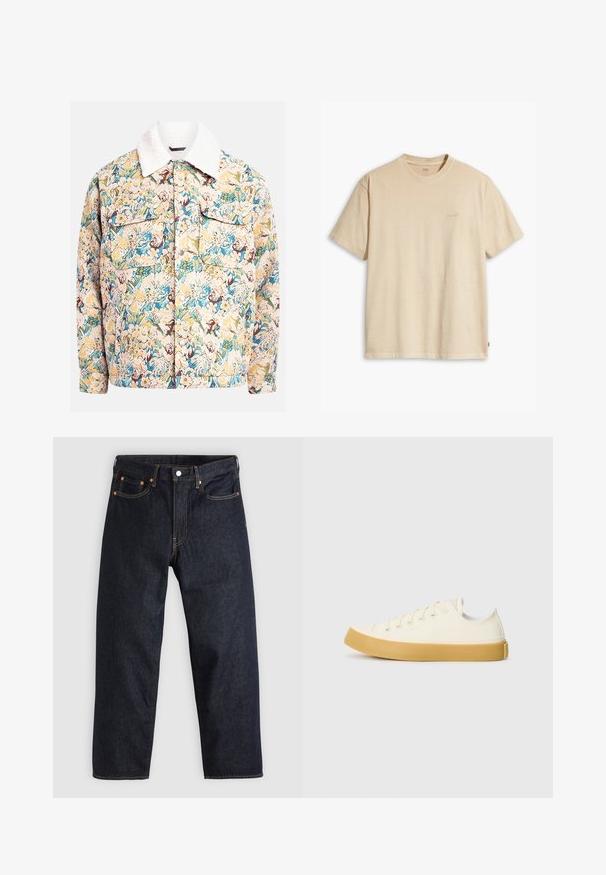 Giacca con motivo floreale realizzata in tessuto testurizzato, caratterizzata da tonalità blu, giallo e marrone, con colletto in pile bianco e due tasche frontali.; T-shirt in cotone beige con collo rotondo e maniche corte. Presenta un sottile logo "Levi's" dello stesso colore sul petto. Tessuto morbido.; Jeans in denim blu scuro con taglio dritto, cinque tasche, cuciture arancioni a contrasto e chiusura con bottone. Nessun motivo o decorazione visibile.; Sneakers in tela di colore avorio con punta rotonda, dotati di suole in gomma beige e cinque occhielli per i lacci, finitura texturizzata sulla parte superiore.