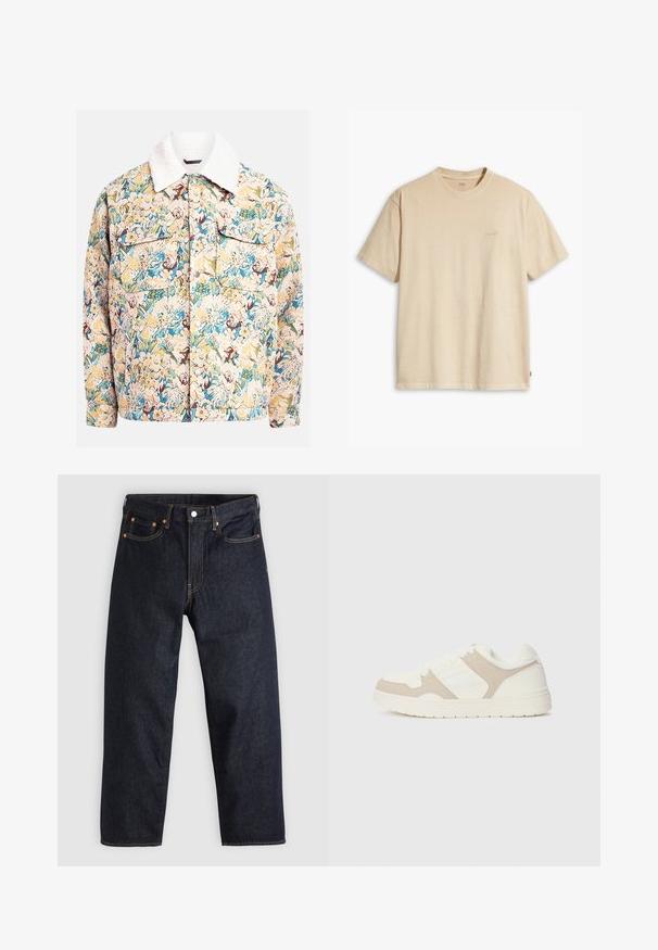 Jas met bloemenpatroon van gestructureerde stof, in blauwe, gele en bruine tinten, met een witte fleece kraag en twee voorzakken.; Beige katoenen T-shirt met een ronde hals en korte mouwen. Bevat een subtiel 'Levi's' logo in dezelfde kleur op de borst. Zachte textuur.; Donkerblauwe denim jeans met een rechte snit, vijf zakken, contrasterende oranje stiksels en een knoopsluiting. Geen zichtbare patronen of versieringen.; Witte en beige sneaker met een combinatie van gladde en suède texturen, ronde neus, vetersluiting en een platte rubberen zool.