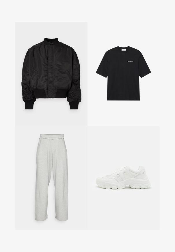 Black bomber jacket with a high collar, puffed sleeves, ribbed cuffs and waistband, and a smooth satin finish. Features side pockets.; Black cotton t-shirt with short sleeves, featuring a white script text "Take the lead" on the left chest area. Simple crew neck design.; Light grey, wide-leg sweatpants with an elastic waistband and side pockets. Soft texture with frayed hem details at the leg openings.; White athletic sneakers featuring a mesh upper with leather accents, textured rubber sole, and a chunky design with notable contours.